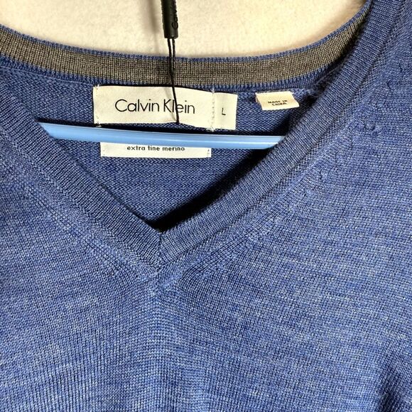 Calvin Klein Men's Blue Wave Extra Fine Merino Wool V Neck Sweater Size Large - Picture 7 of 10